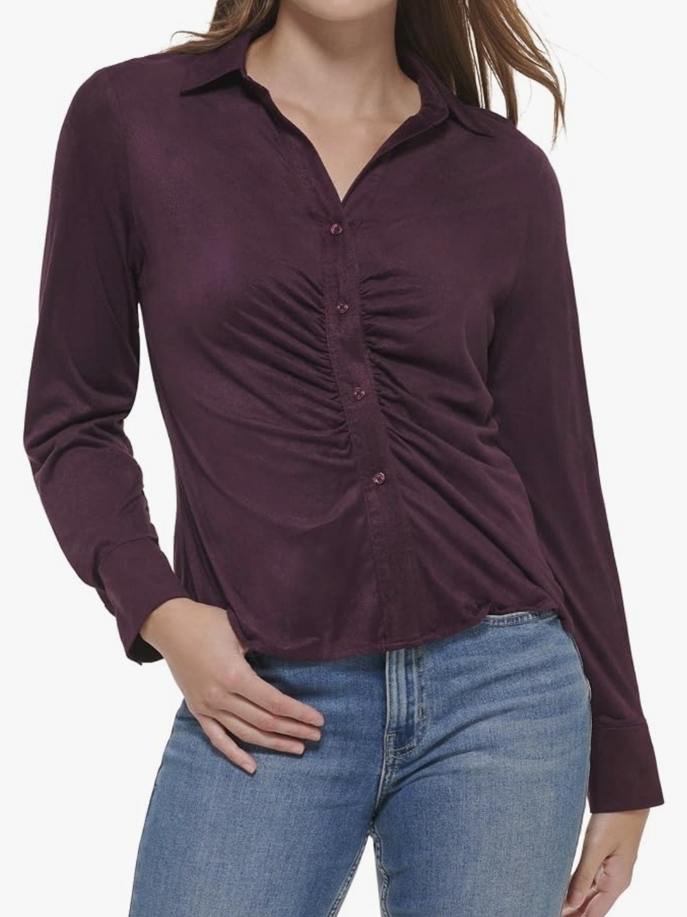 🌺Calvin Klein Long-Sleeved Ruched Button-Front Shirt